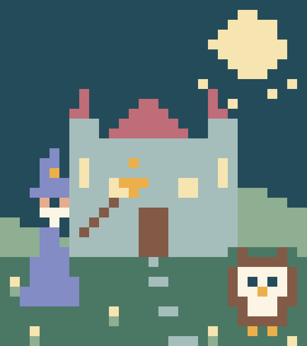 A wizard, castle and owl beneath the moon