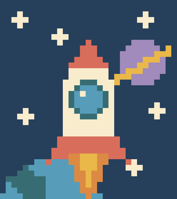A cream and coral rocket above a blue planet, with stars and a ringed lilac planet