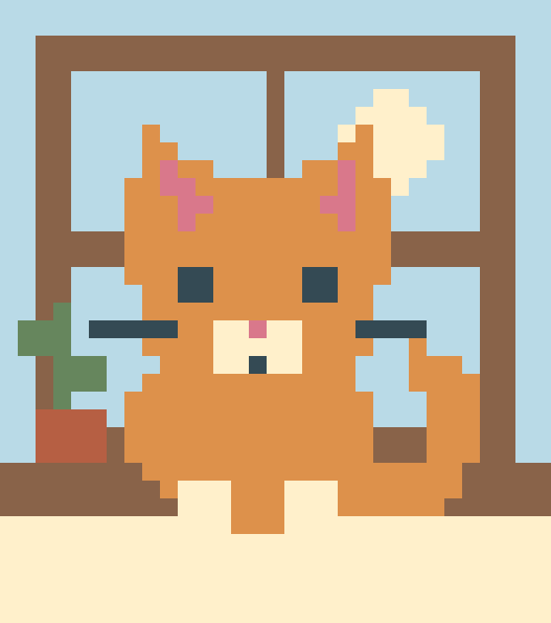 A ginger cat with a curling tail beside a sunny window and houseplant